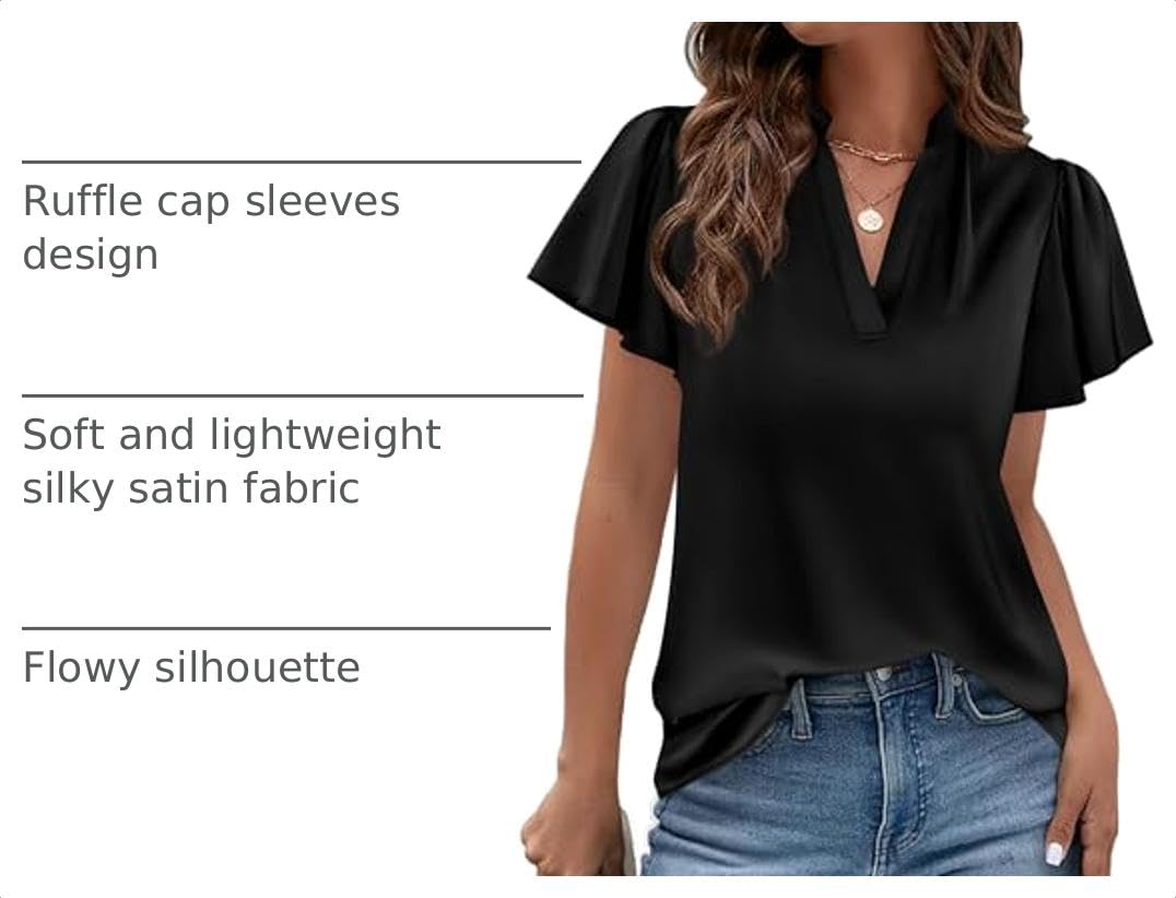 Women's Summer Satin Dressy Casual Blouses (Black,S)