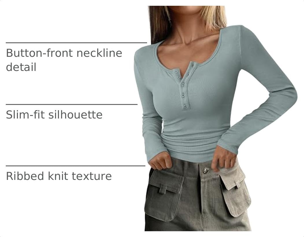 Women's Fall Long Sleeve Henley T Shirts Lake Blue