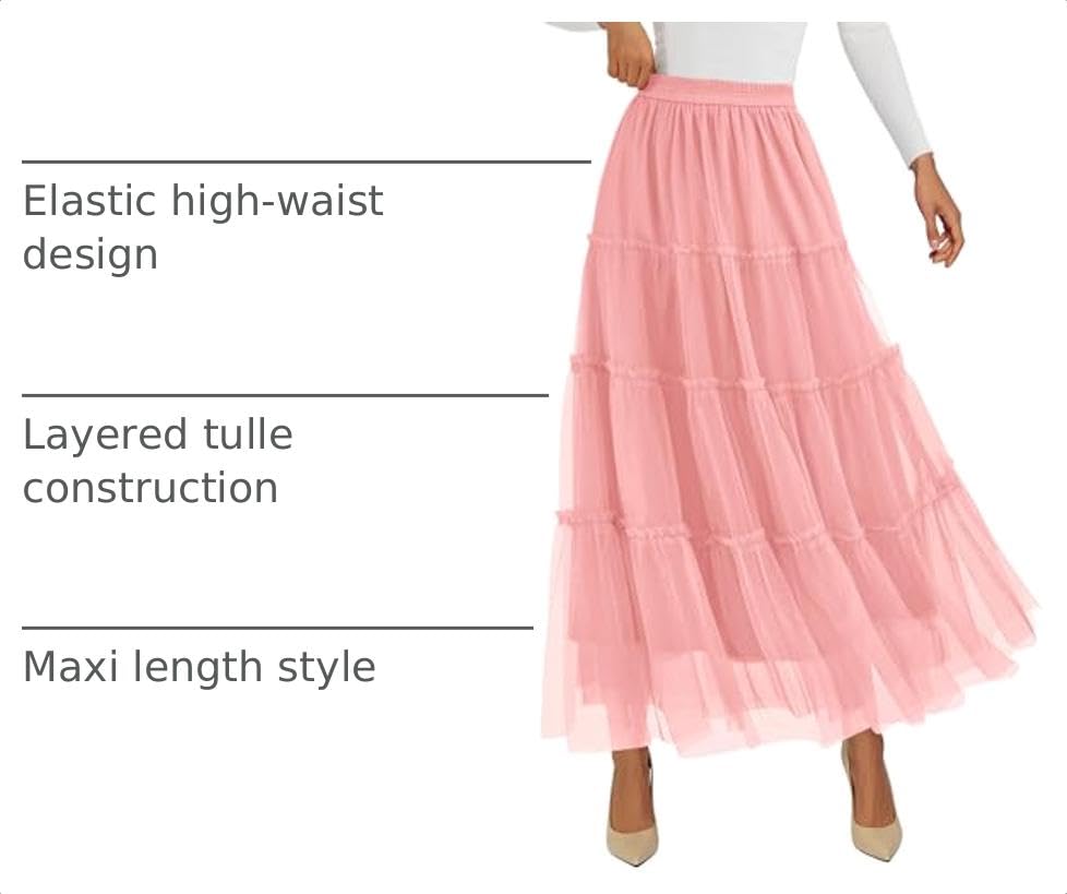 Women's Fall Soft Tulle Tiered Long Skirt,Light Pink,S