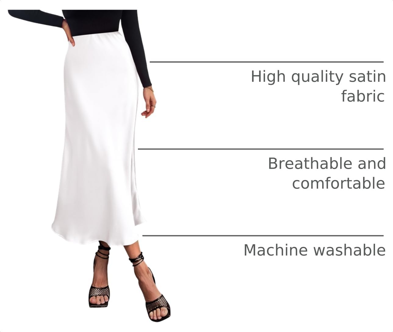 Women's Satin Midi Skirts Dressy Casual,White,S