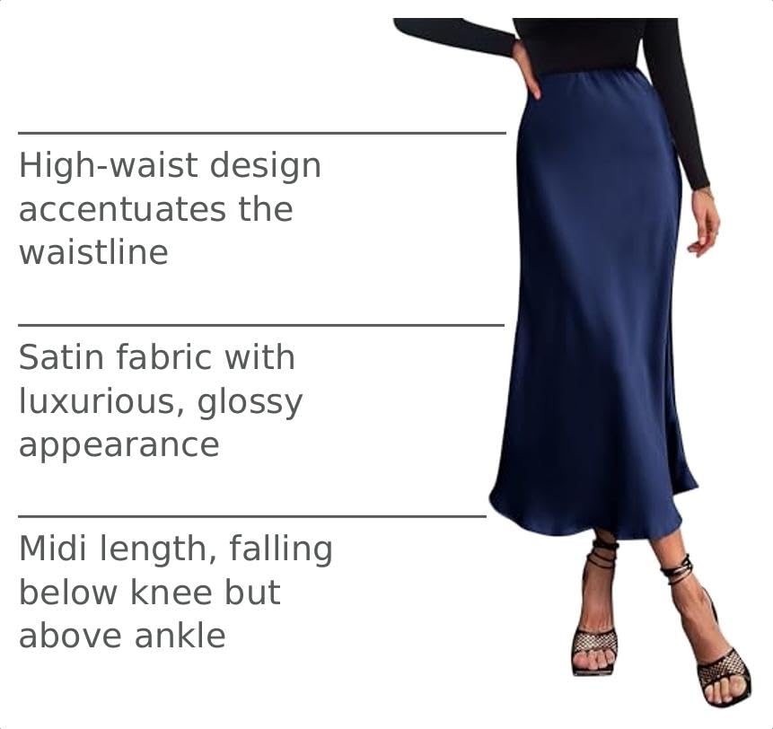 Women's Satin Midi Skirts Dressy Casual,Navy,S