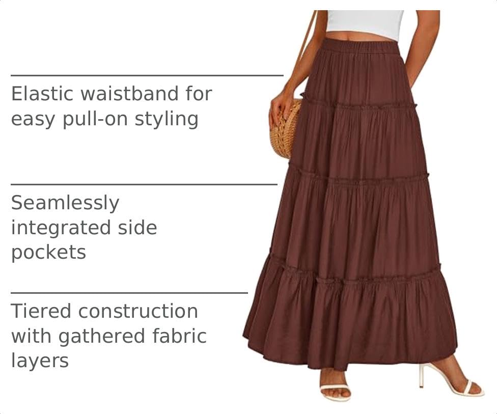 Women's Boho Tiered Ruffle Flowy Maxi Skirt, Brown,S