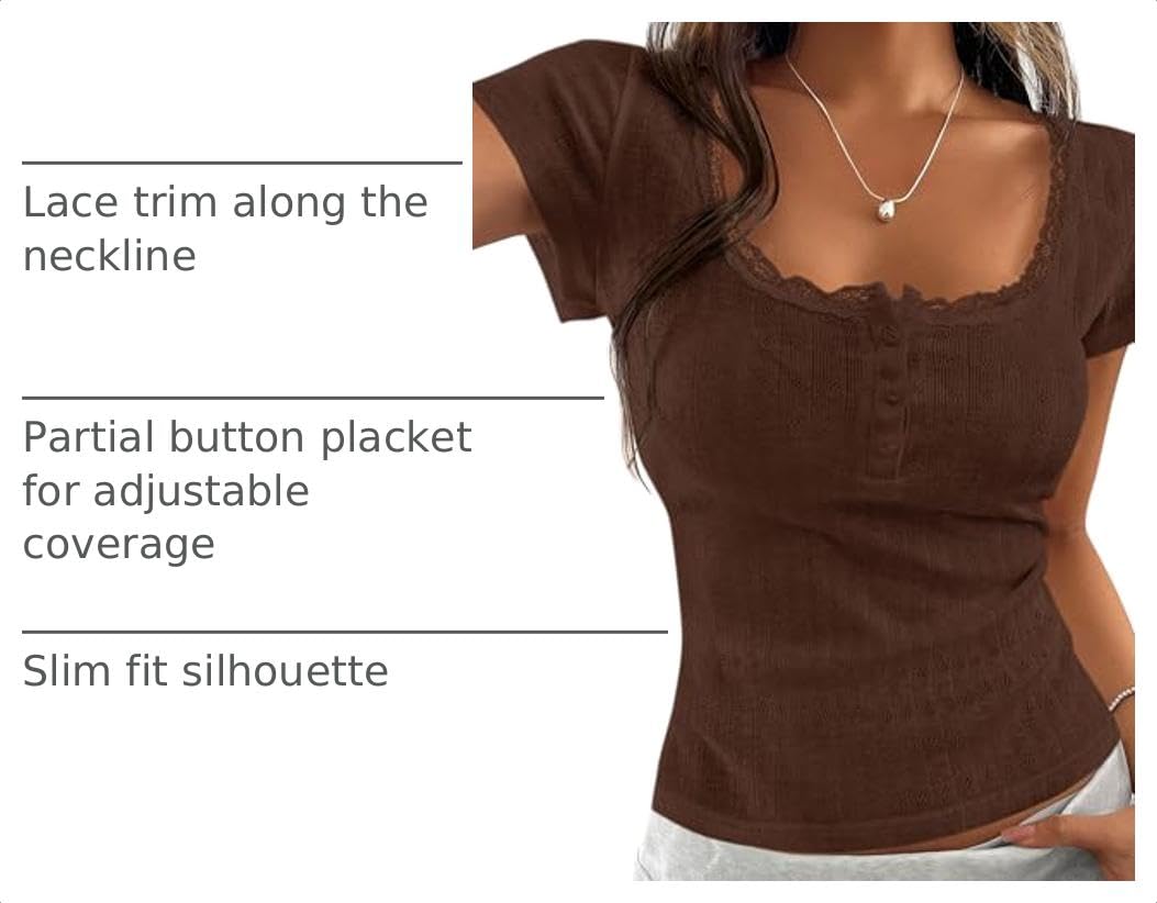 Womens Summer Lace Trim Short Sleeve Henley Top,Brown,S