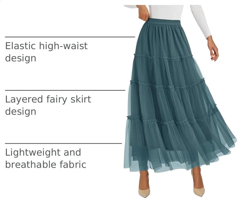 Women's Fall Soft Tulle Tiered Long Skirt,Sage Green,M