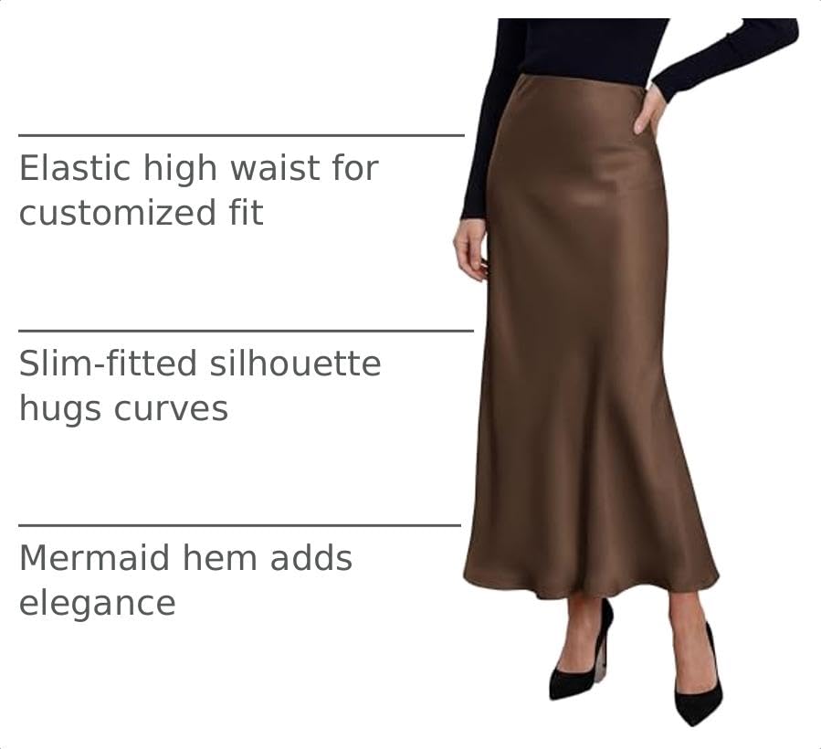 Women's Silk Satin Maxi Skirts Fall Clothes (Brown,L)
