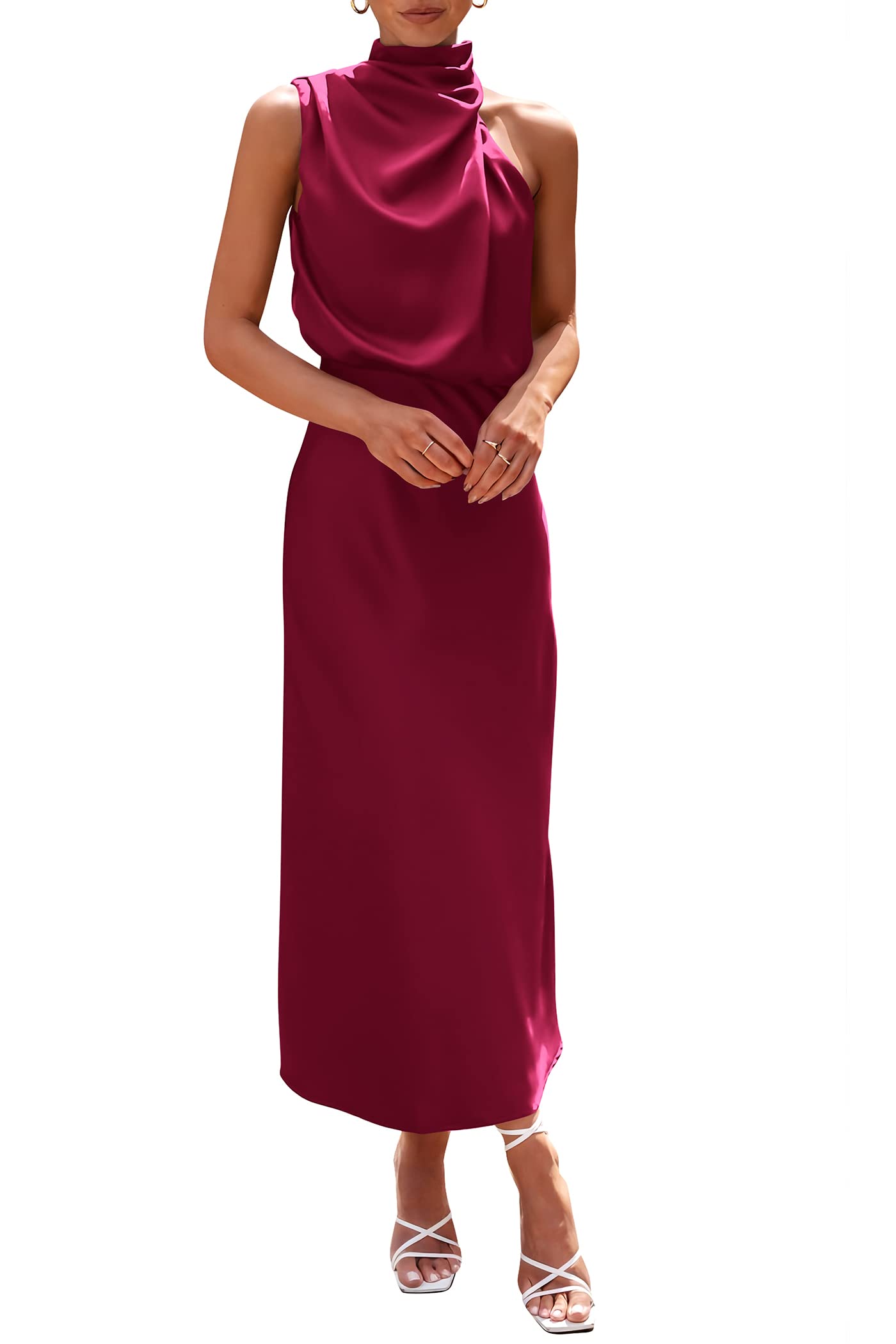 Women's Summer Satin Maxi Cocktail Dress Deep Red