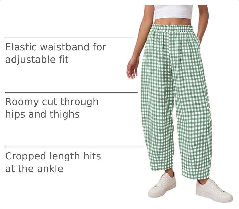 Plaid Barrel Pants Women Summer Bottoms, Green Plaid,S