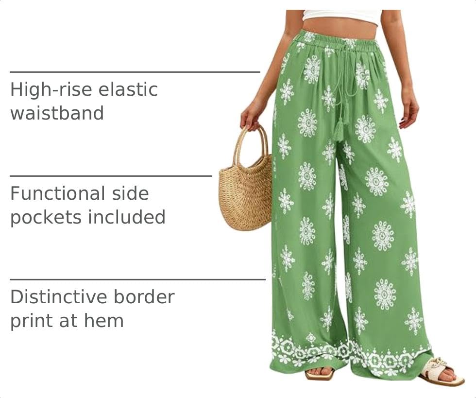 Wide Leg Flowy Boho Pants for Women, Light Green,S