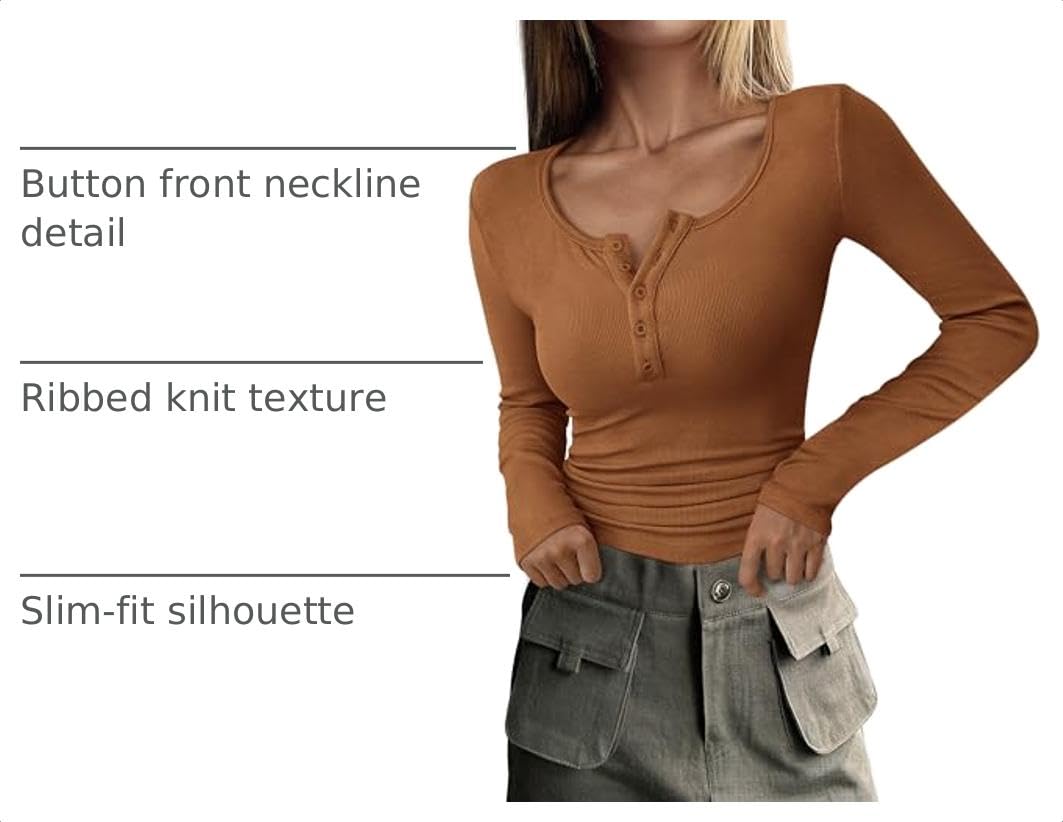 Women's Fall Long Sleeve Henley T Shirts Khaki