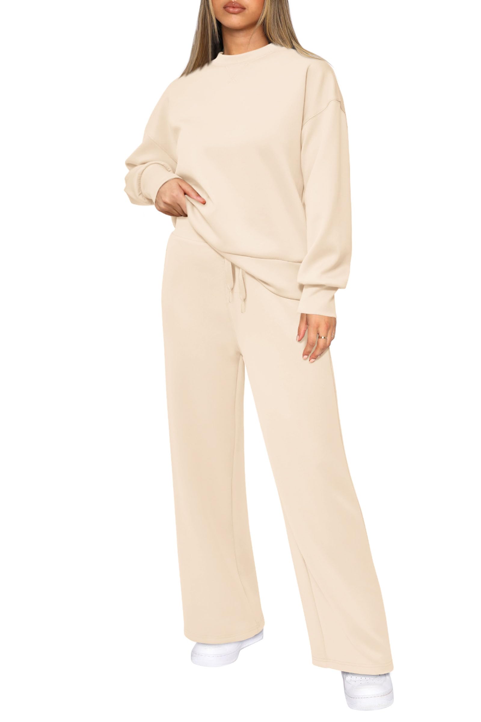 Womens 2 Piece Outfits 2025 Fall Long Sleeve Sweatshirt Wide Leg Pants Lounge Sets Winter Sweatsuits Tracksuit (Beige,Small)