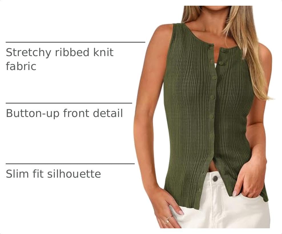 Sleeveless Button Down Shirts for Women Summer 2026 Going Out Ribbed Knit Tank Tops Y2K Clothes Trendy Vest Tops Army Green