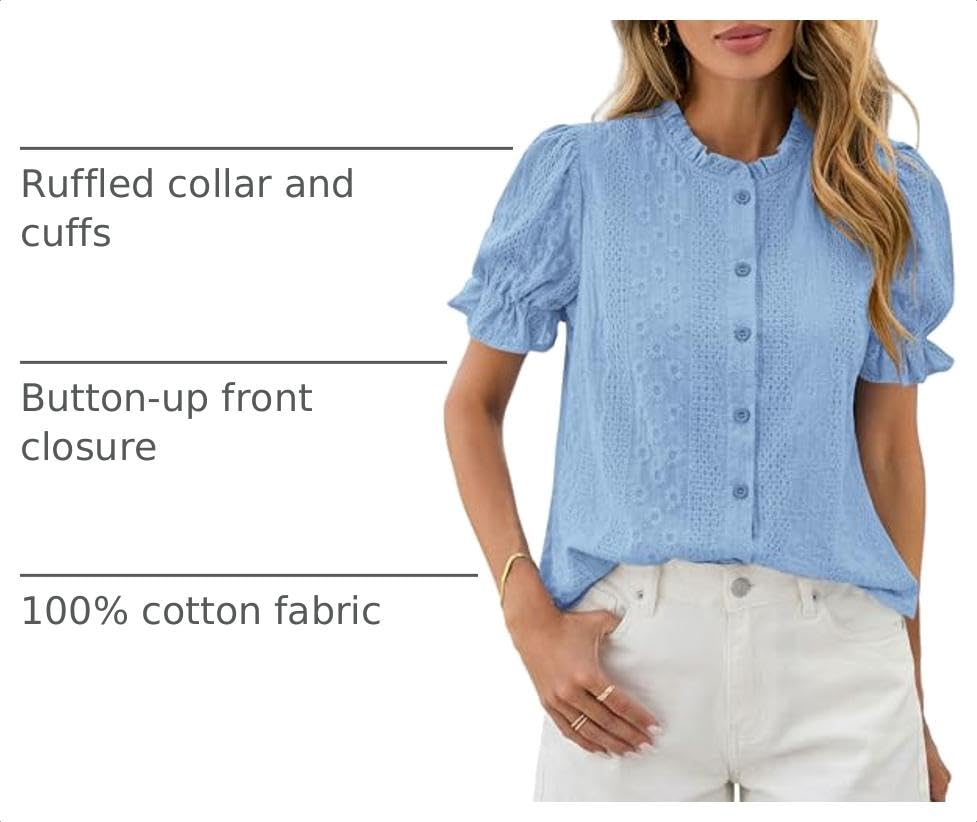 Womens Embroidered Puff Short Sleeve Tops,Light Blue,S