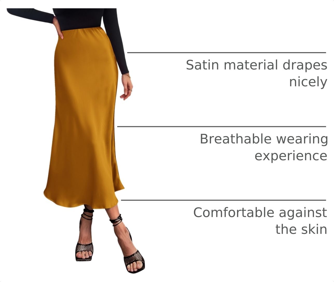 Women's Satin Midi Skirts Dressy Casual,Brown Yellow,S