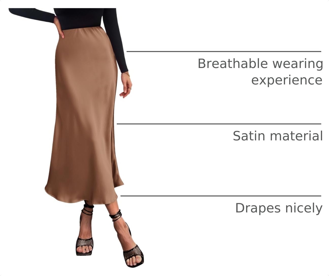 Women's Satin Midi Skirts Dressy Casual,Coffee,S