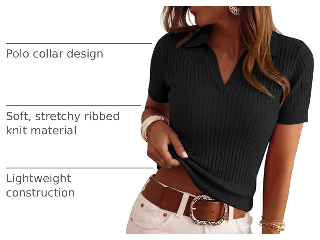 Women's Short Sleeve Sweater Polo Shirts,Black,XS