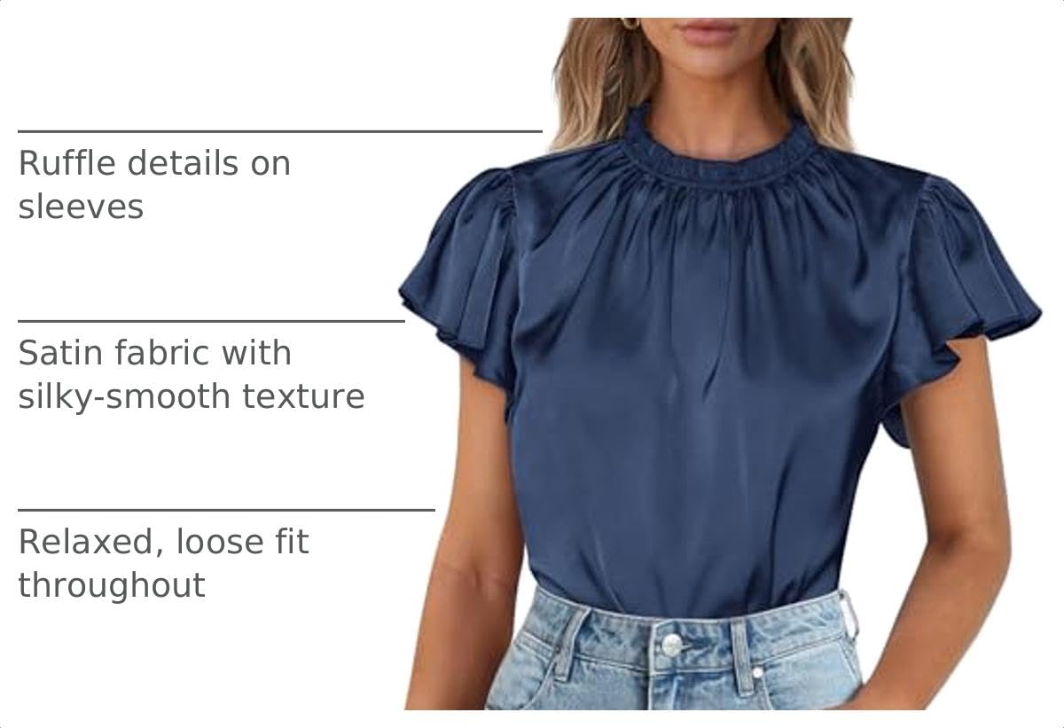 Women's Satin Tops Business Casual Work Blouses, Navy,S