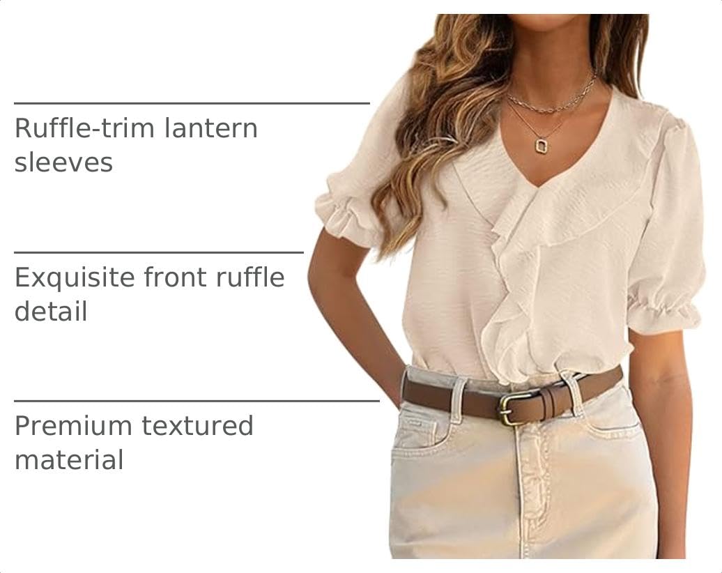 Women's Summer Ruffle Dressy Casual Blouses (Beige,S)