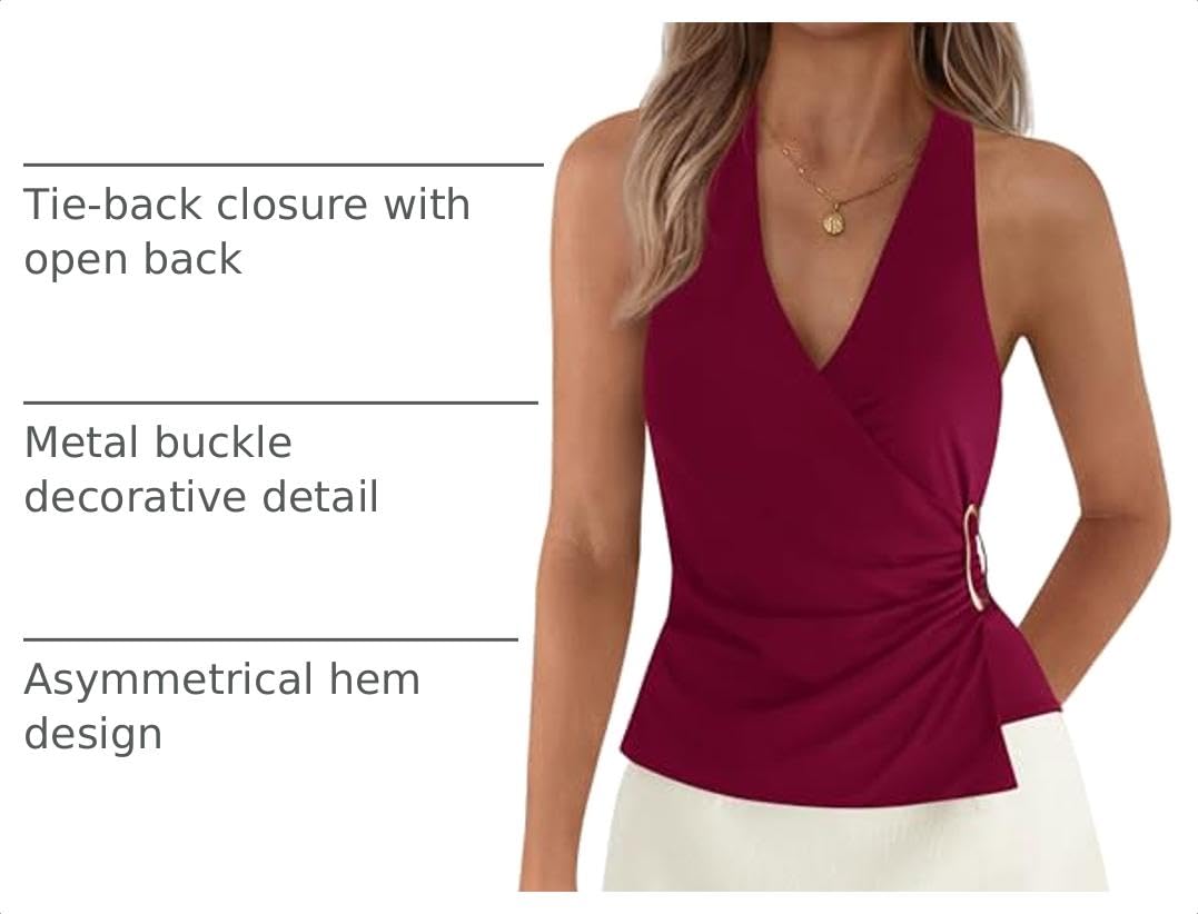 Sleeveless Vneck Tie Halter Tops for Women,Wine Red,S