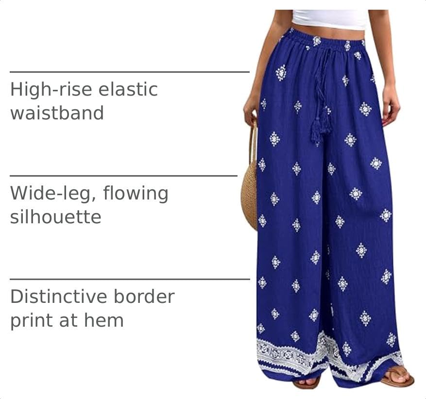 Wide Leg Flowy Boho Pants for Women, Royal Blue,S
