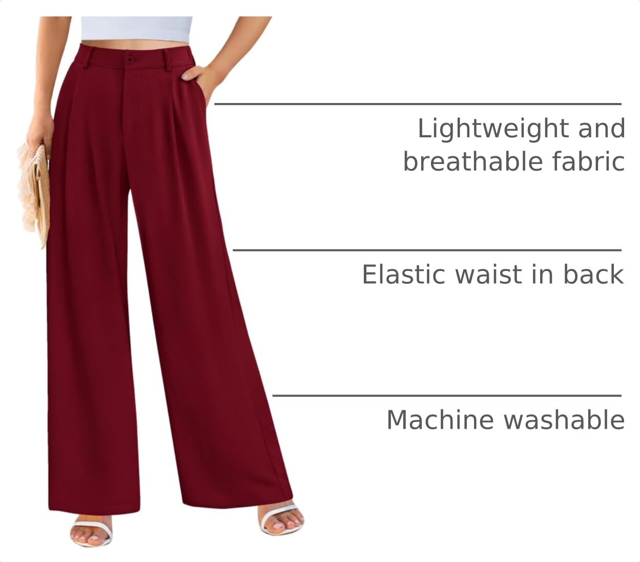 Women's Flowy Wide Leg Dress Pants,Wine Red,S