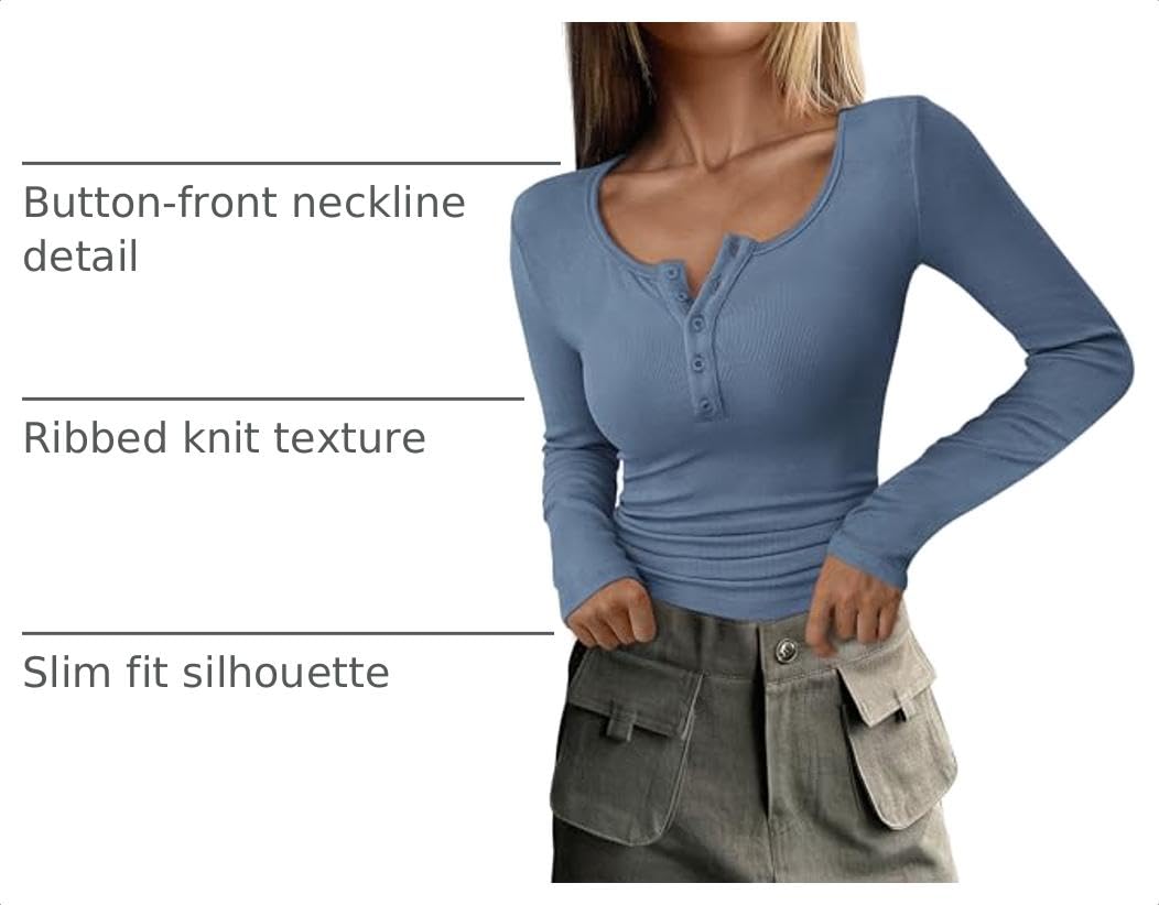 Women's Fall Long Sleeve Henley T Shirts Blue Grey