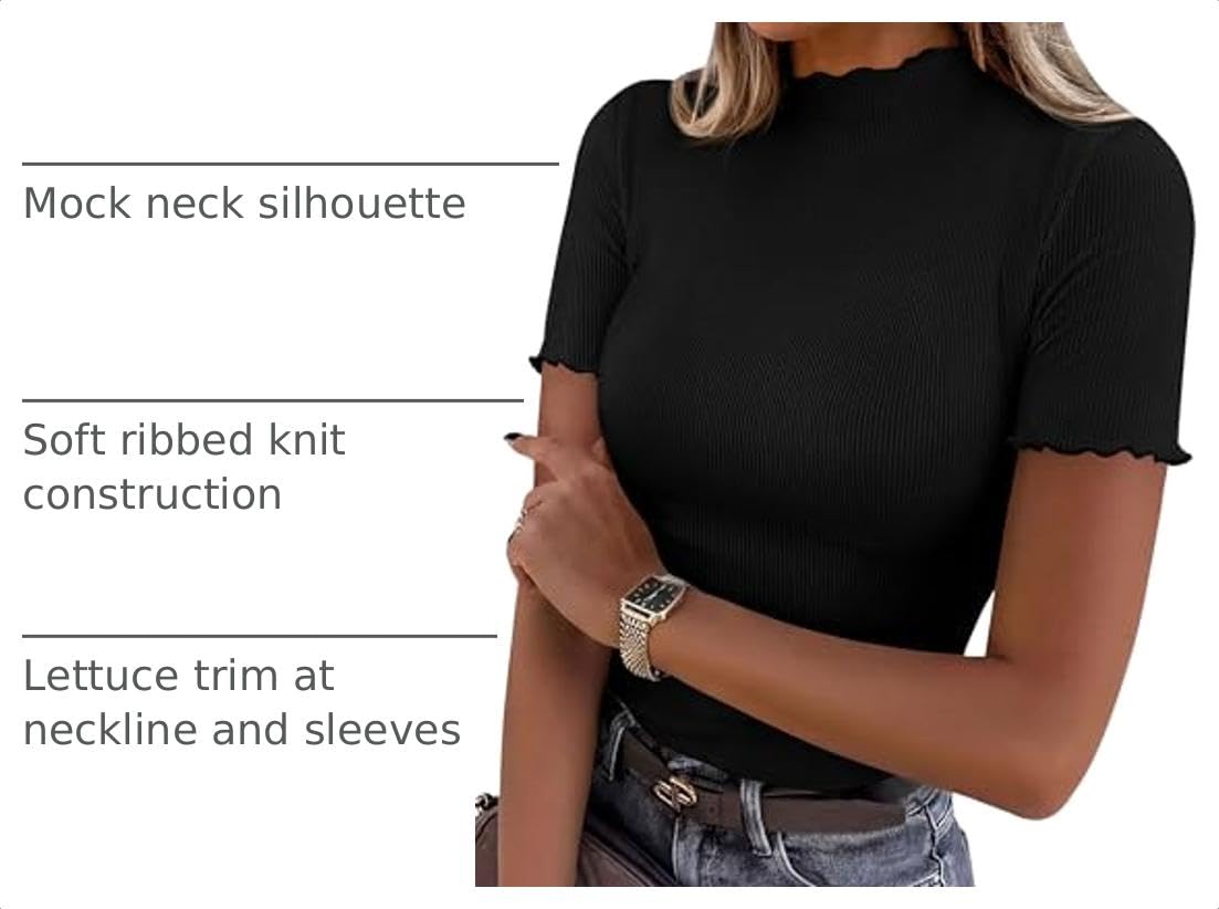 Women's Short Sleeve Ribbed Knit T Shirts, Black,XS