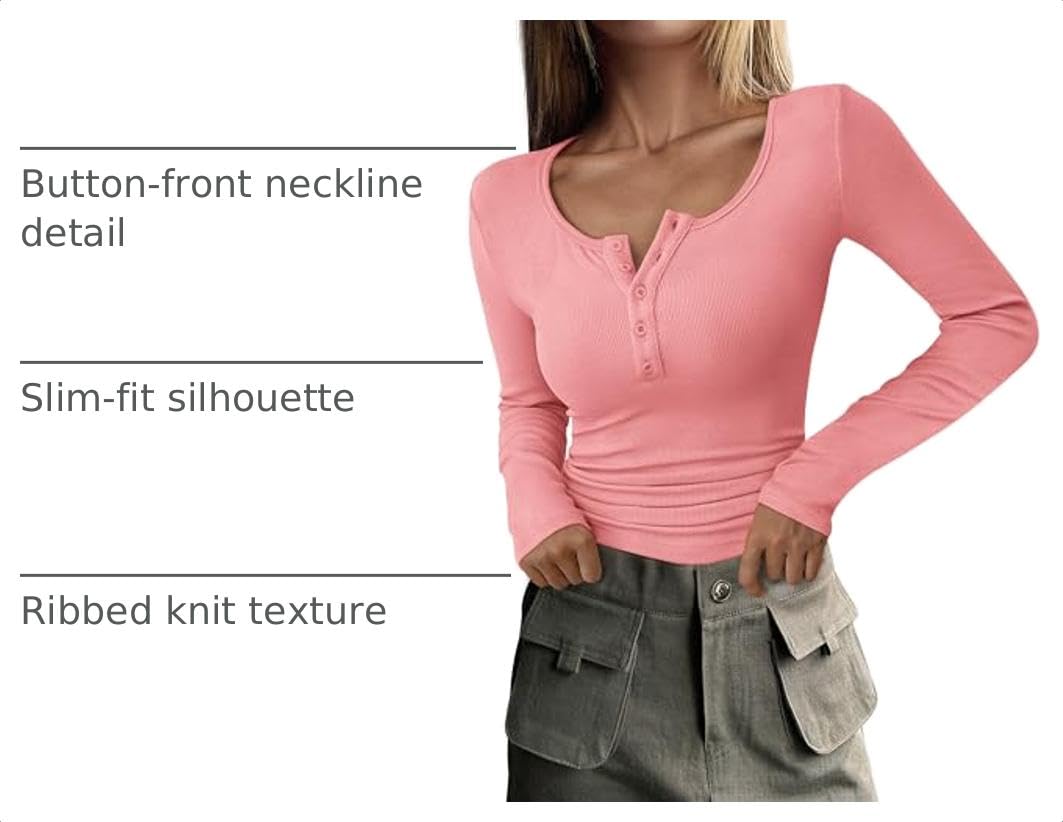 Women's Fall Long Sleeve Henley T Shirts Pink