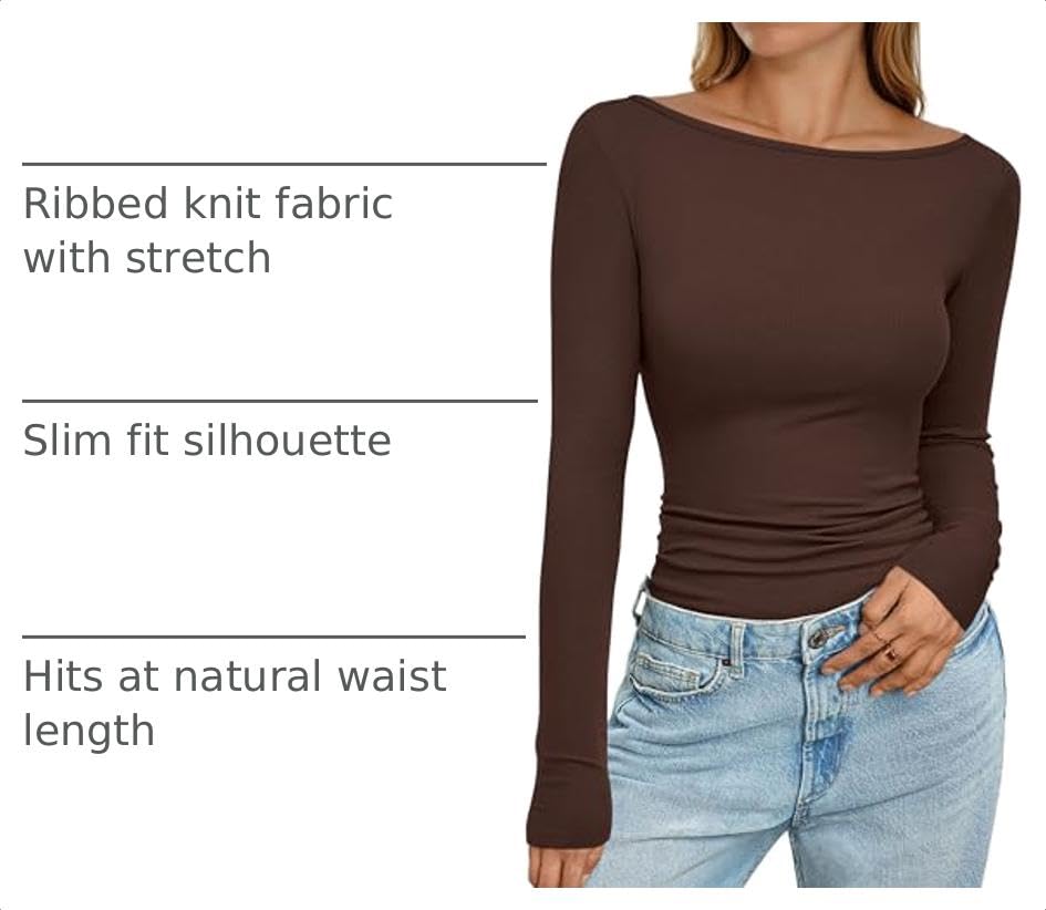 Long Sleeve T Shirts for Women Basic Ribbed Boat Neck Tops