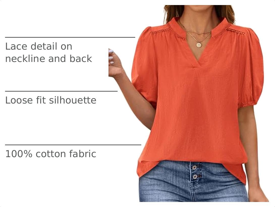 Womens Short Puff Sleeve V Neck Blouses,Orange Red,S