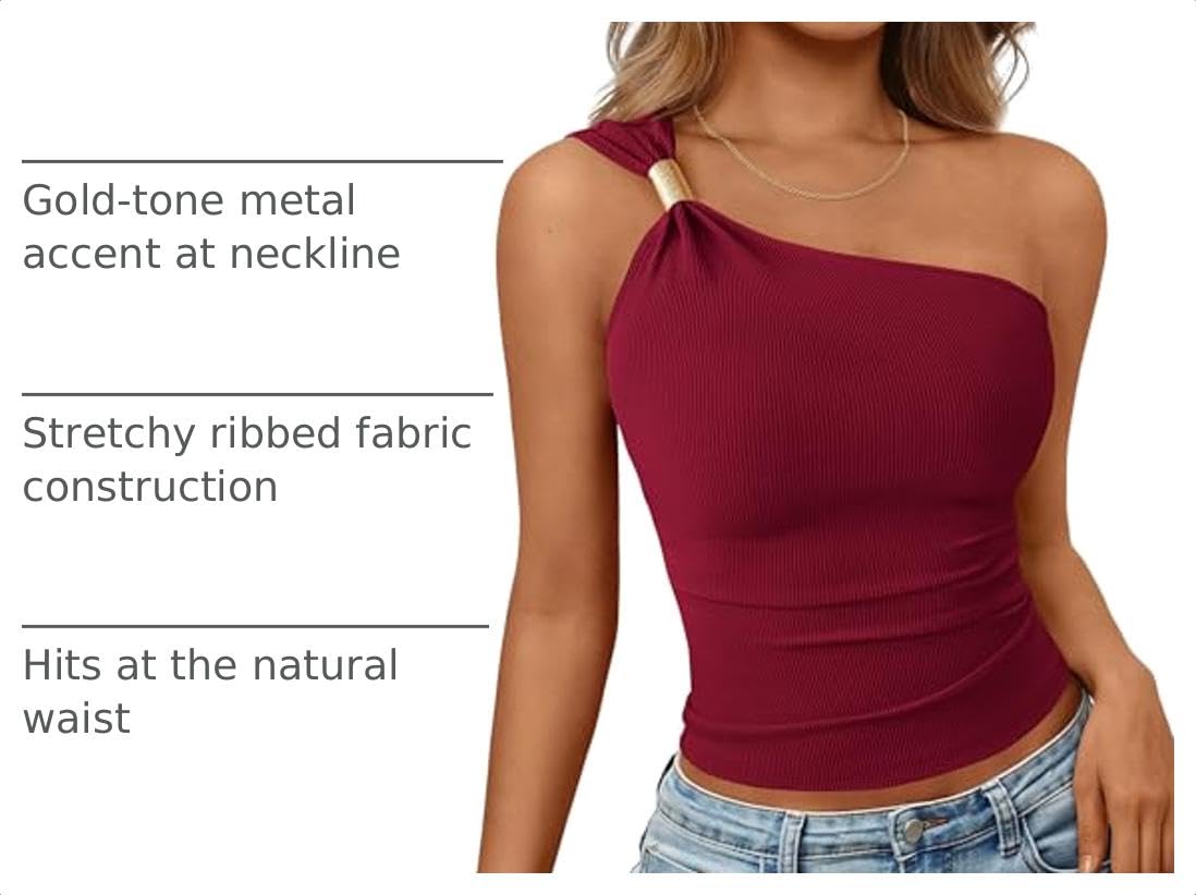 Women's Asymmetrical One Shoulder Y2K Tops, Burgundy,S