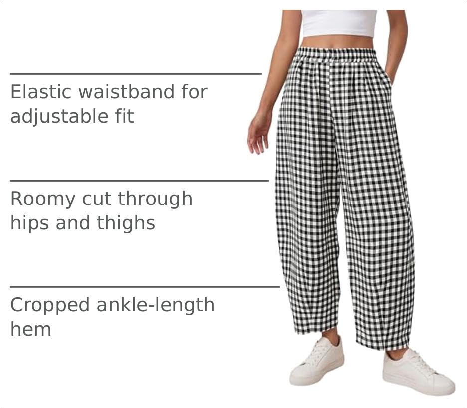 Plaid Barrel Pants Women Summer Bottoms, Black Plaid,L