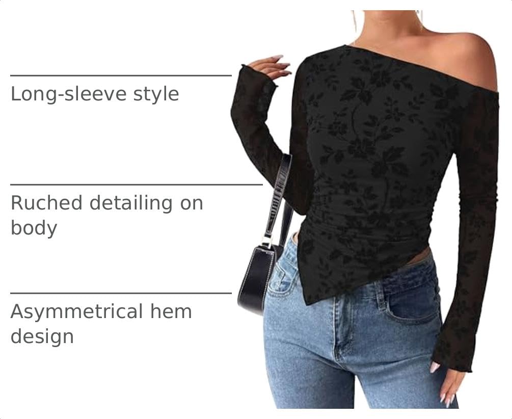 Womens Off Shoulder Mesh Y2k Tops,Black,XS