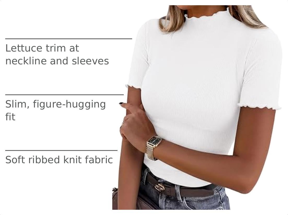Women's Short Sleeve Ribbed Knit T Shirts, White,XS