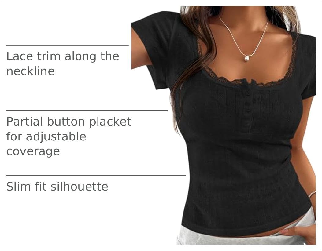 Womens Summer Lace Trim Short Sleeve Henley Top,Black,S