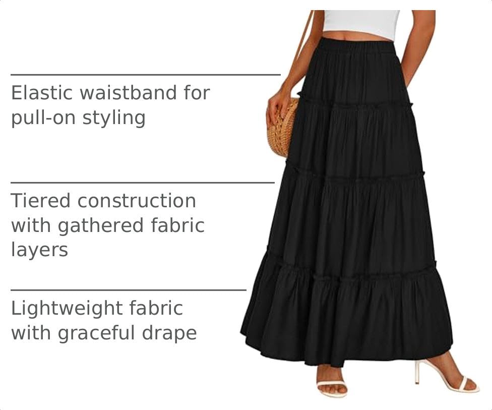Women's Boho Tiered Ruffle Flowy Maxi Skirt, Black,S