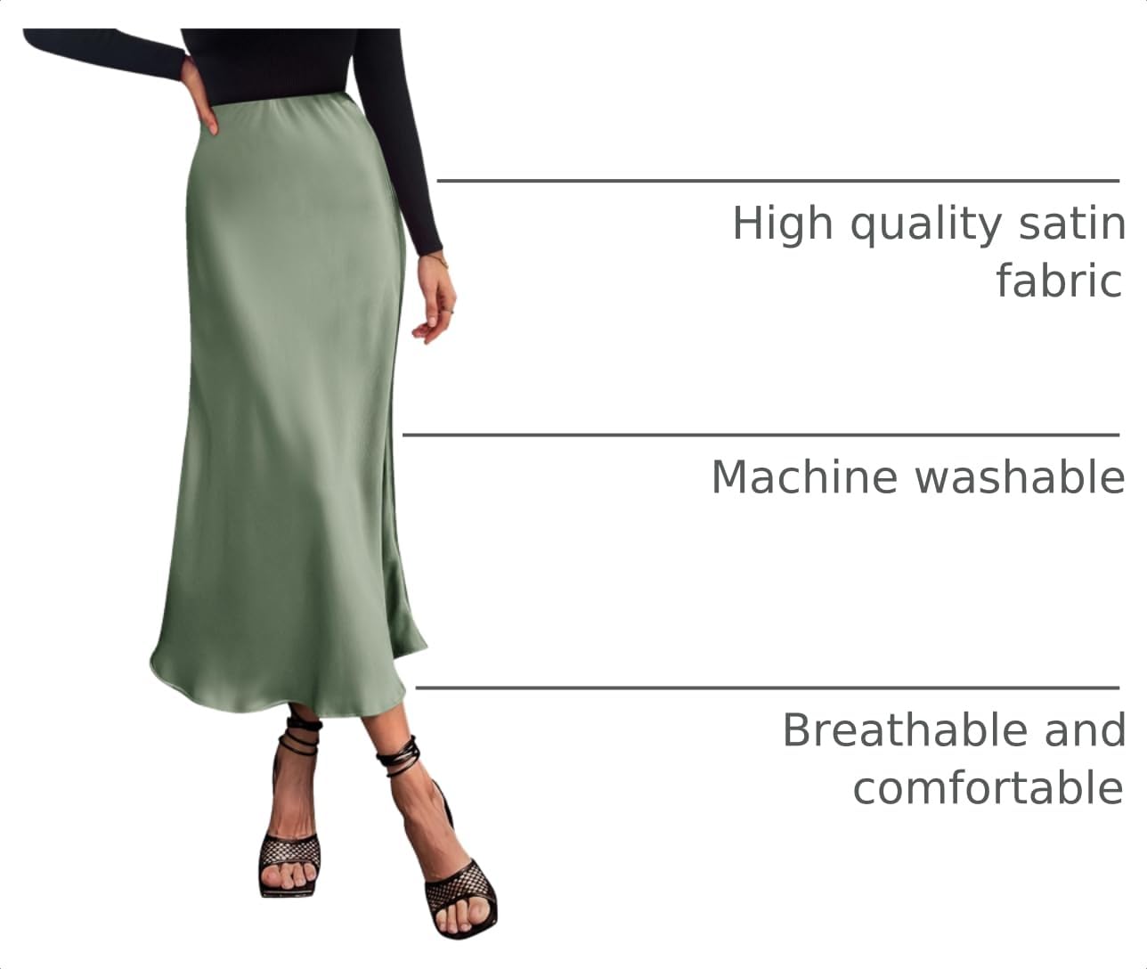 Women's Satin Midi Skirts Dressy Casual,Light Green,S
