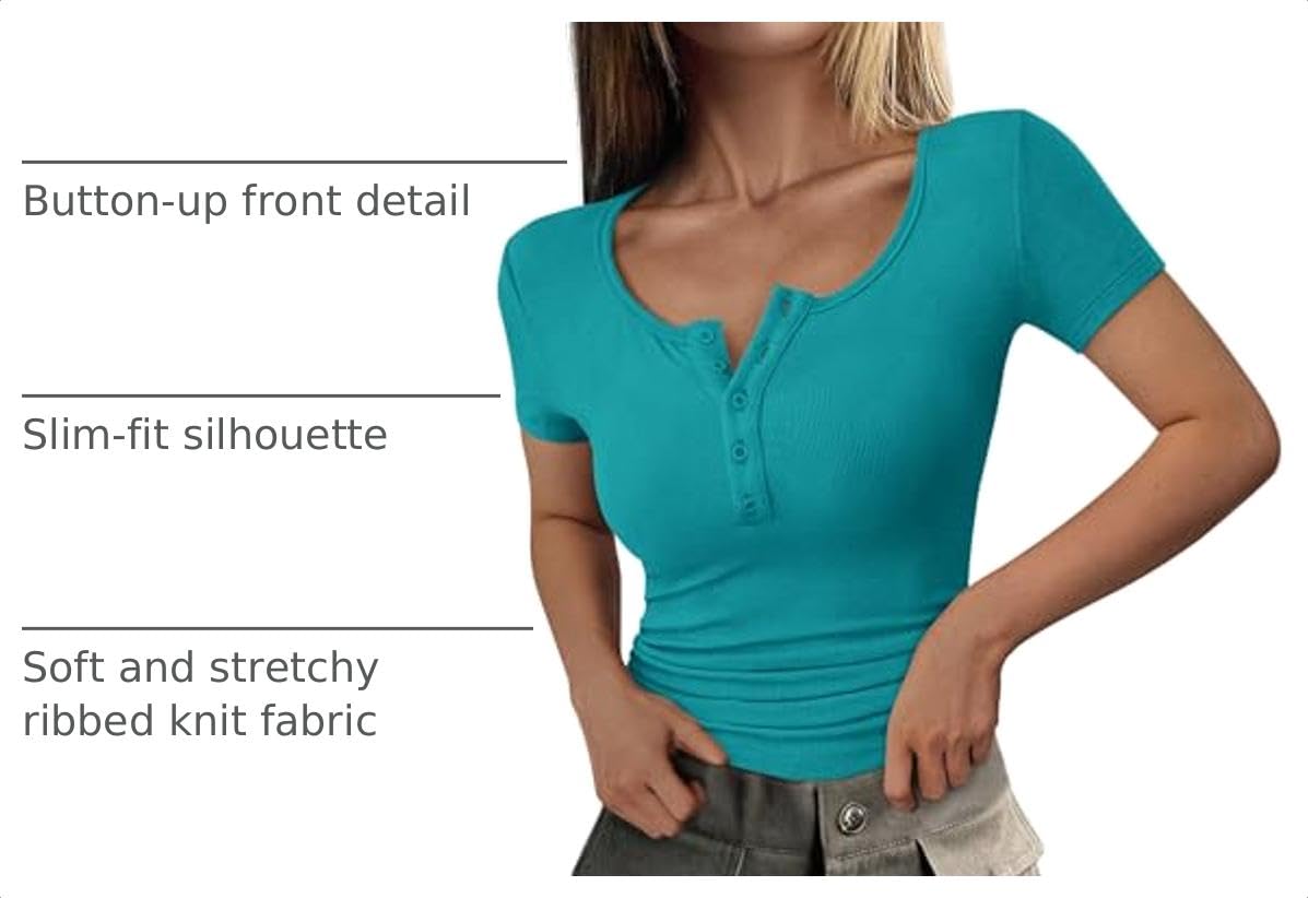 Women's Summer Tops Henley Tee Shirts (Malachite Green,XS)