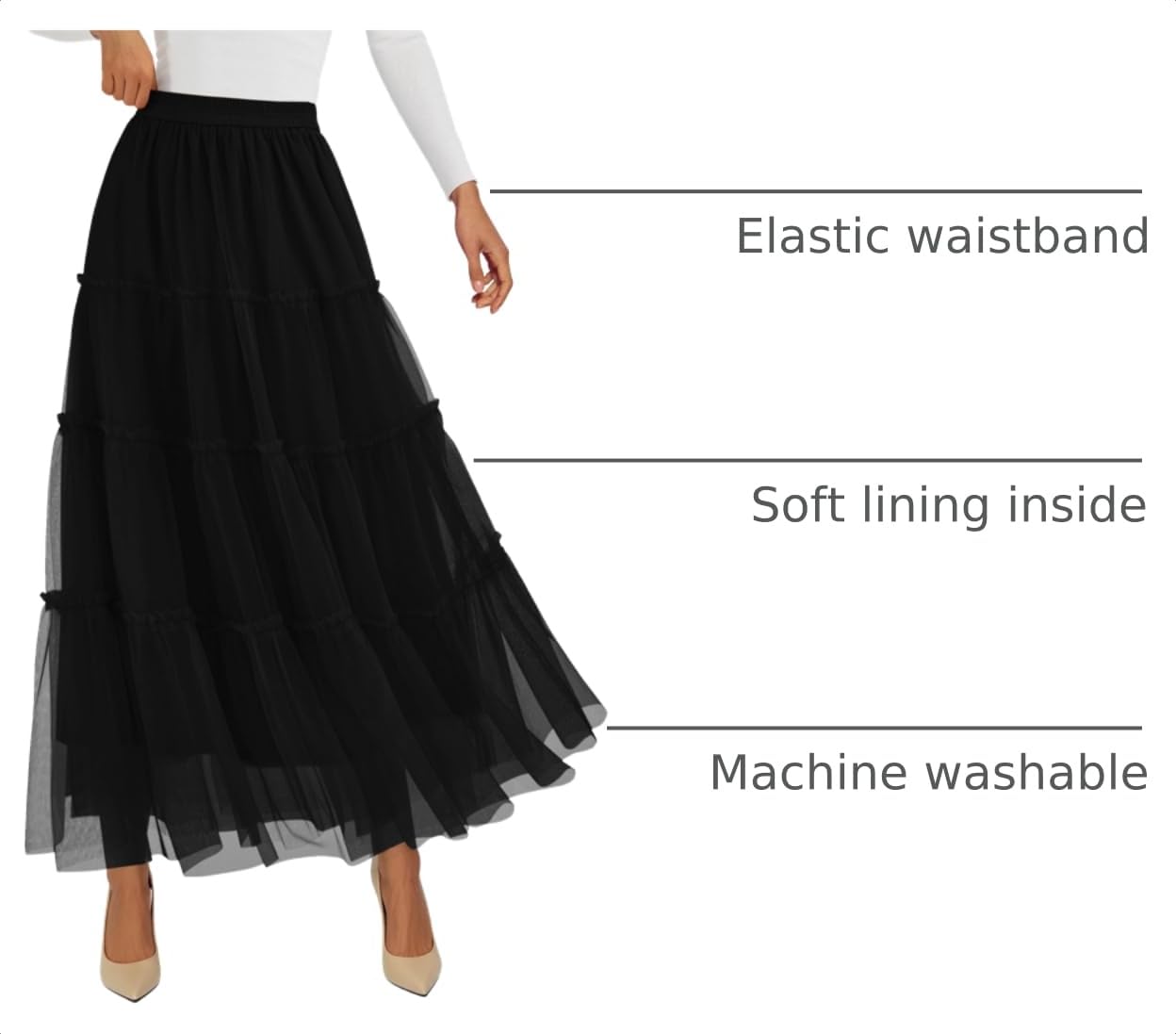 Women's Fall Soft Tulle Tiered Long Skirt,Black,S