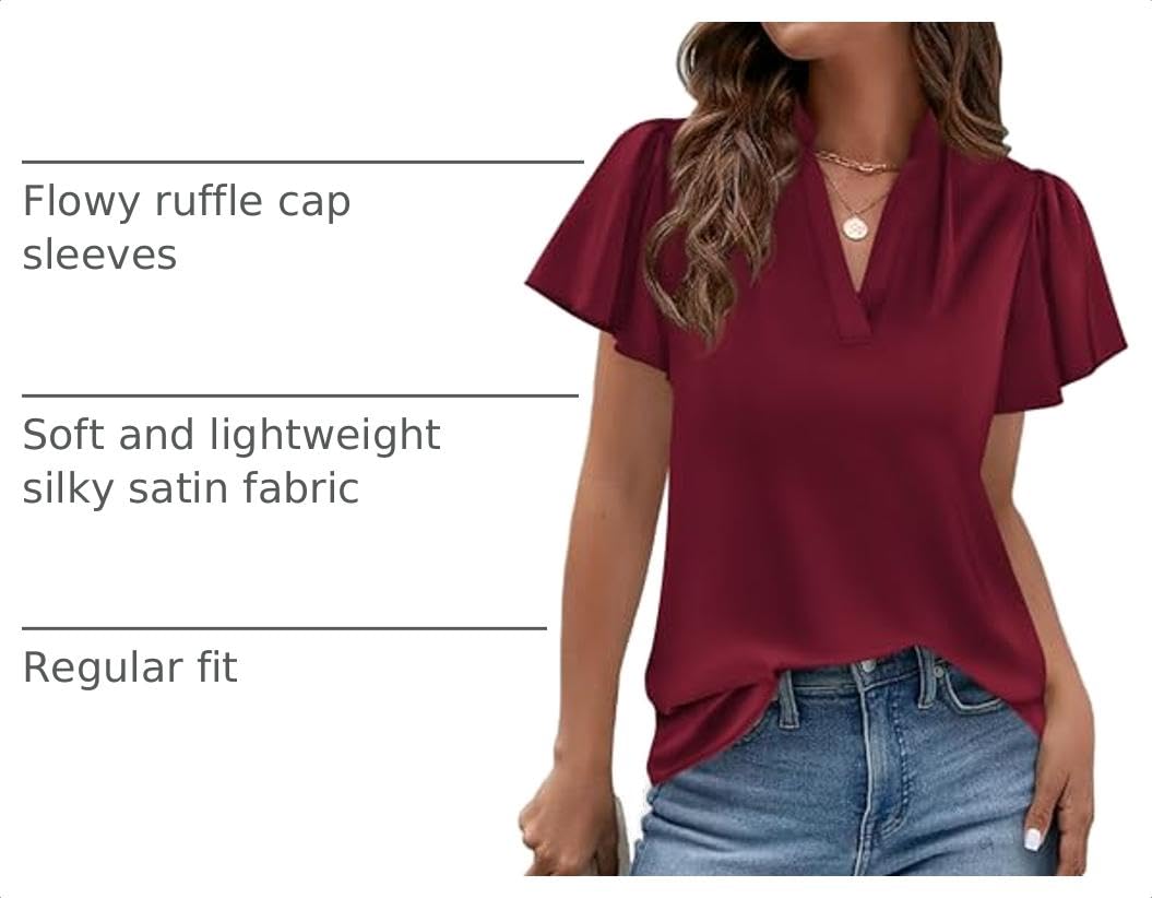 Women's Summer Satin Dressy Casual Blouses (Burgundy,M)