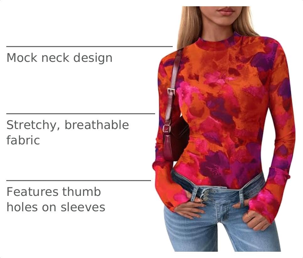Womens Floral Mesh Long Sleeve Tops Fall Slim Fitted Shirts