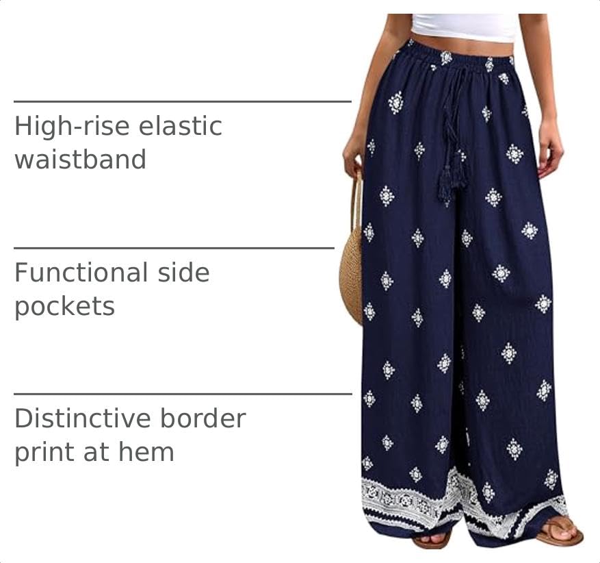 Wide Leg Flowy Boho Pants for Women, Navy Blue,S