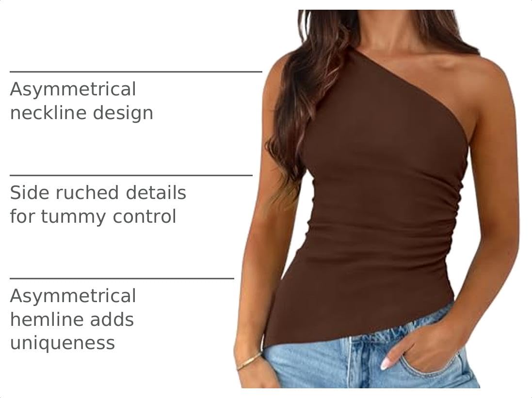 One Shoulder Summer Tops for Women,Brown,XS
