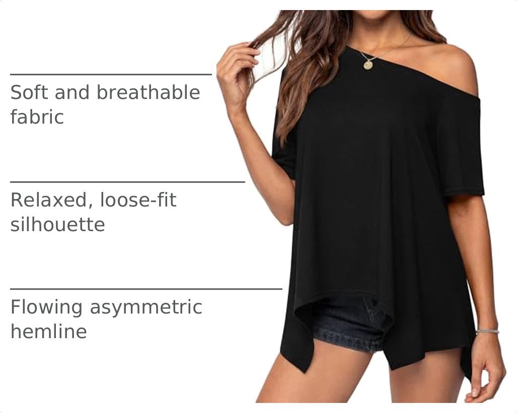 Off Shoulder Tops for Women Oversized Tshirts, Black,S