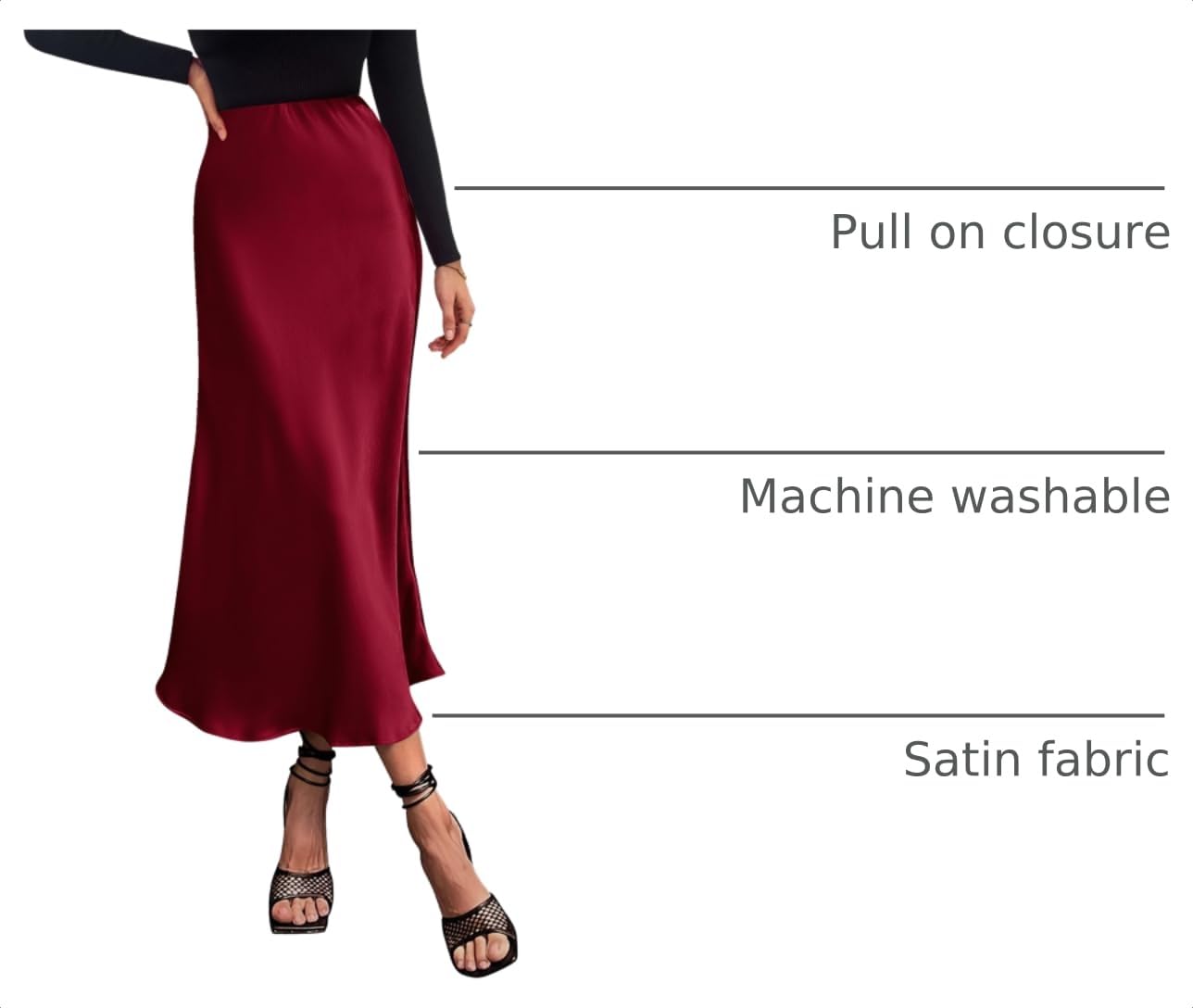 Women's Satin Midi Skirts Dressy Casual,Wine Red,S