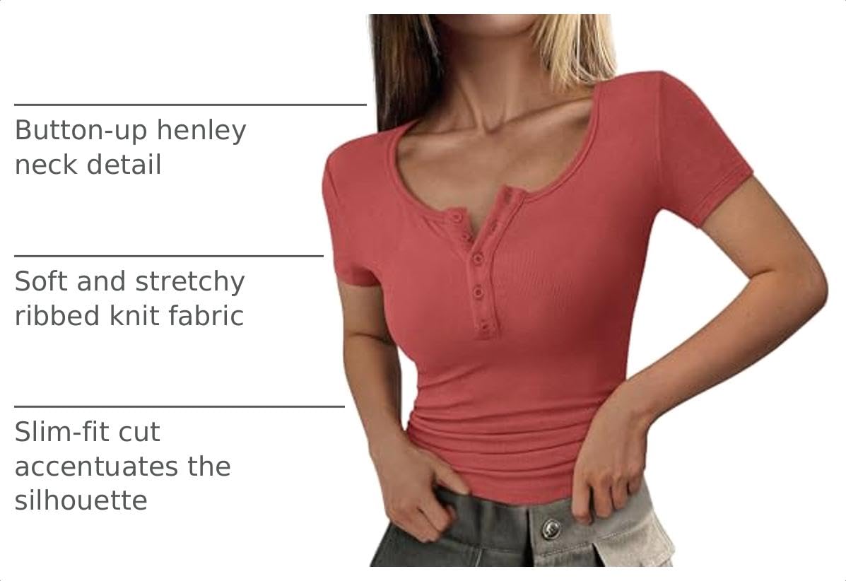 Women's Summer Tops Henley Tee Shirts (Coral Red,X-Small)