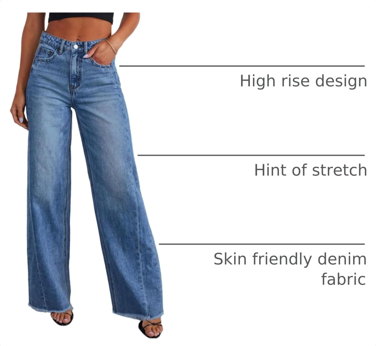 Women's Wide Leg Jeans Raw Hem Denim Pants,Dark Blue,4