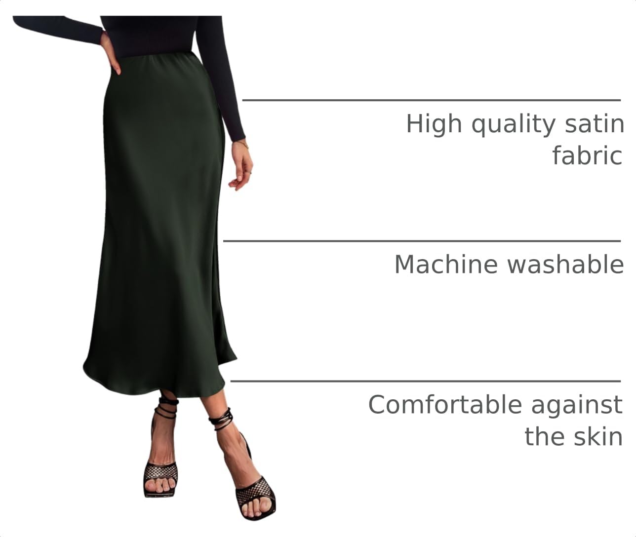 Women's Satin Midi Skirts Dressy Casual,Dark Army Green,S