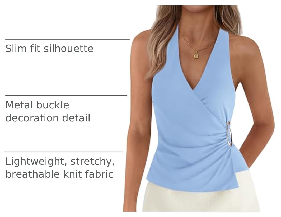 Sleeveless Vneck Tie Halter Tops for Women,Light Blue,S