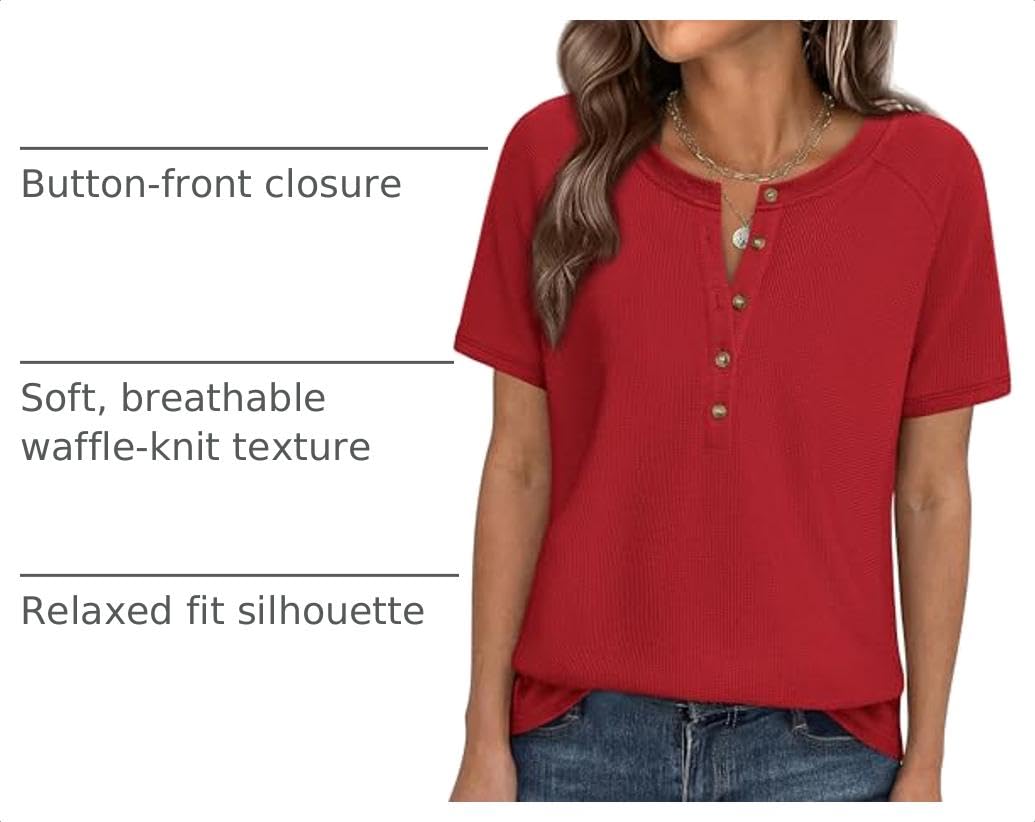 Women's Short Sleeve Waffle Knit Henley Shirts, Red,S