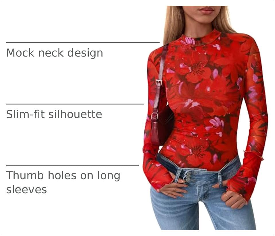 Womens Floral Mesh Long Sleeve Tops Fall Slim Fitted Shirts